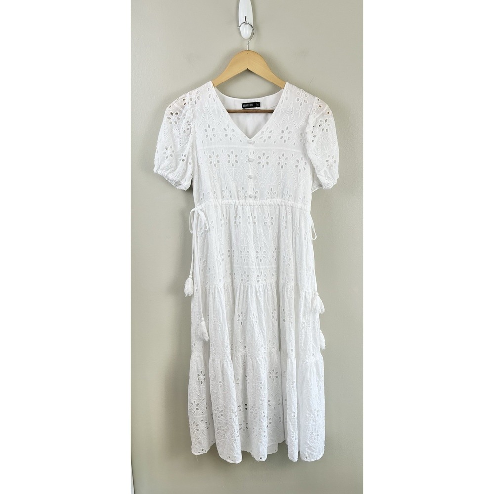 Mikarose White‎ Eyelet Tiered Midi Dress Tie Tassels XS Midi Cottage Core V-neck